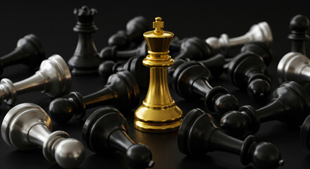 black and silver chess pawns lying on their sides, with one golden pawn in between them all standing upright among fallen pieces.