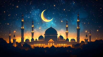 Starry Night Ramadan Background with Golden Crescent Moon and Majestic Mosque Silhouettes