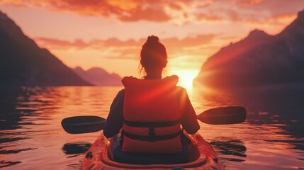 A woman in a life jacket sitting on a kayak, holding oars and looking at the sea with a sunset view. Water sport activity concept. 
