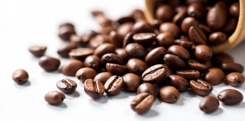 Naklejka premium Freshly roasted coffee beans scattered on a white surface, food product, coffee beans, white background
