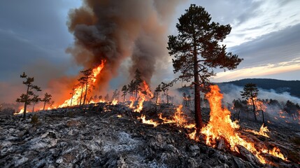 Wildfire Burning Forest Landscape  Dramatic Fire Scene