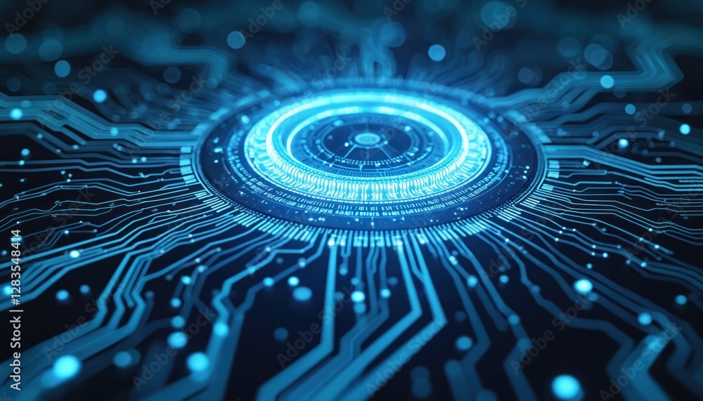 Poster illustration of glowing blue lines emitted by tech circular turntable on dark background. digital, a