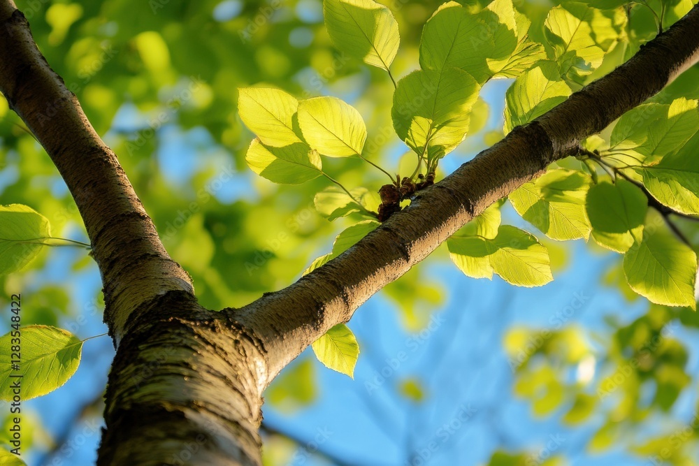 Poster Bright green leaves catching sunlight on a tree branch in a serene outdoor setting during late spring. Generative AI