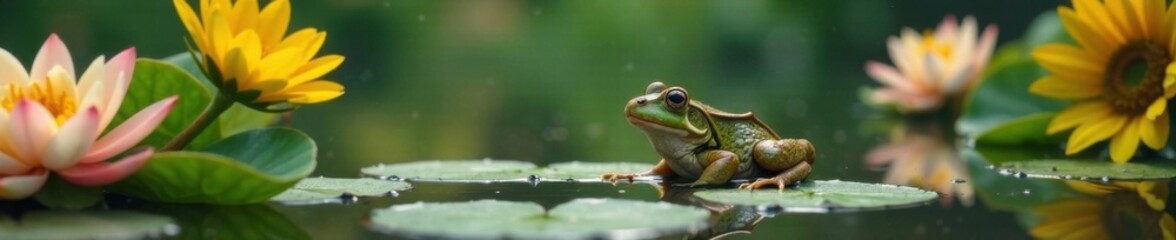 Frog in pond with water lilies and sunflowers , water lilies, greenery, ponds