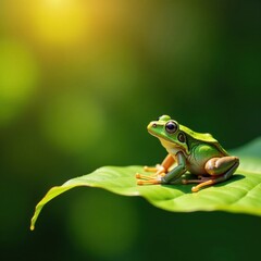 Obraz premium Frog in a sunny garden, soaking up the warm rays on a leaf , leaves, garden, frogs