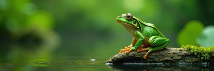 Fototapeta premium Frog in thought, green, sitting on log, tree, forest, green frog