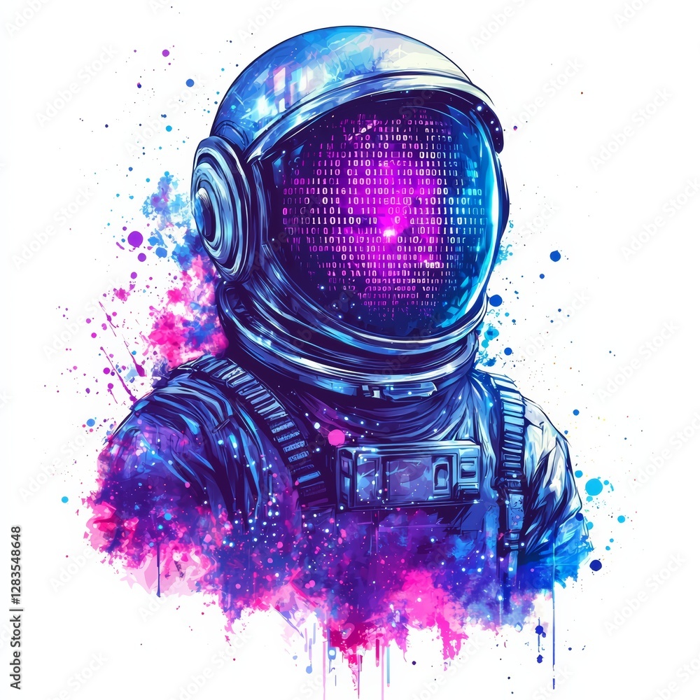Aufkleber digital explorer: an astronaut helmet and spacesuit merge with digital code and vibrant paint splash
