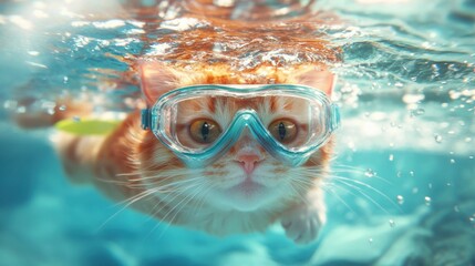 Naklejka premium Orange cat swimming underwater wearing blue goggles