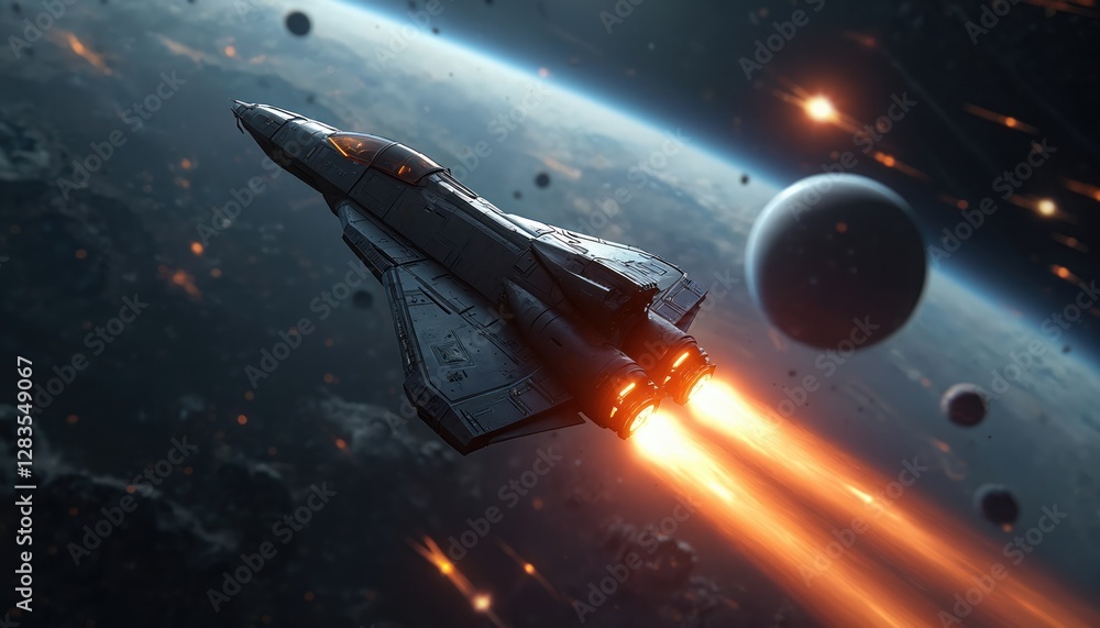 Poster spaceship with glowing engines flies through dark space filled with stars, planets. spaceship travel