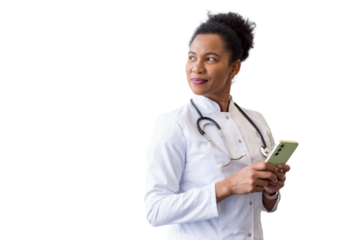 Professional African American doctor browsing medical information on a smartphone