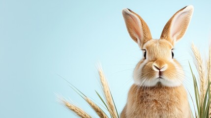 Obraz premium Cute bunny, wheat stalks, blue background, Easter
