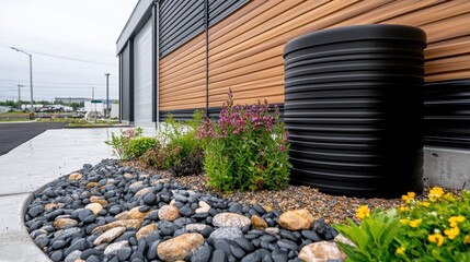 Fototapeta premium Modern Landscaping with Rain Barrel & Stones