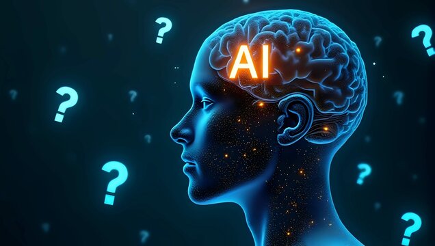 A digital human brain with AI symbol and question marks, artificial intelligence and future technology concept 