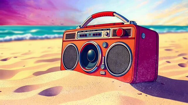 Retro Boombox on a Vibrant Beach at Sunset. Perfect for synthwave, indie, and chill music. Seamless looping time lapse animation video background, lo-fi art.
