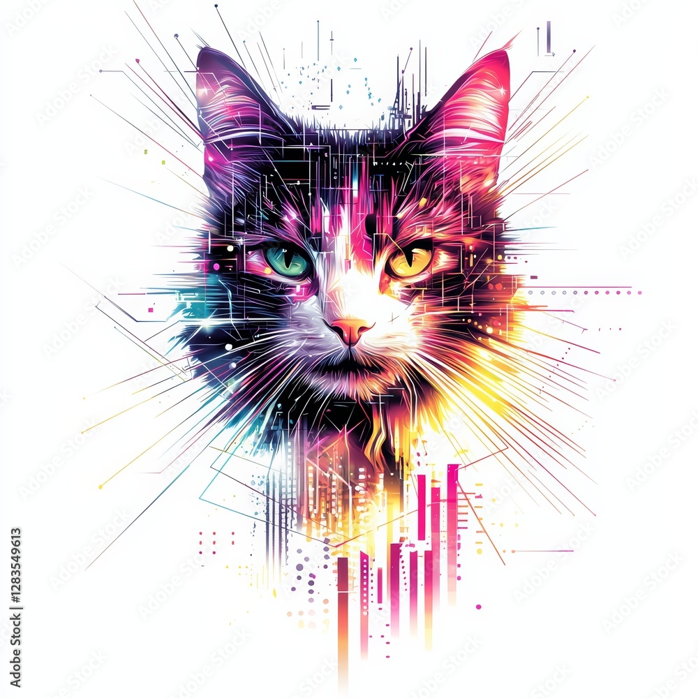 Poster cyberpunk cat portrait: a vibrant and futuristic portrait of a cat with colorful digital art, embody