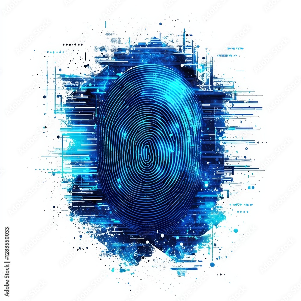 Poster digital identity: the mesmerizing digital rendering of a fingerprint, bathed in a radiant azure glow
