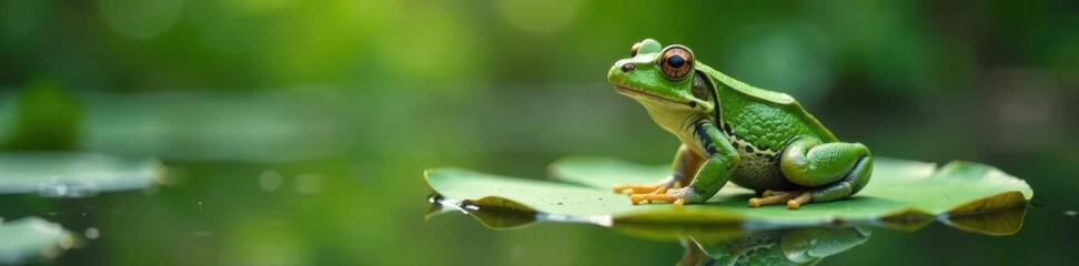 Fototapeta premium Frog perched on a lily pad, nature, water, frog