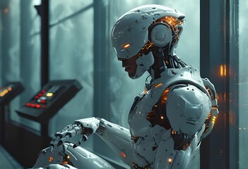 Fototapeta premium Humanoid robot sitting quietly in a futuristic laboratory filled with glowing data screens during a tech demonstration