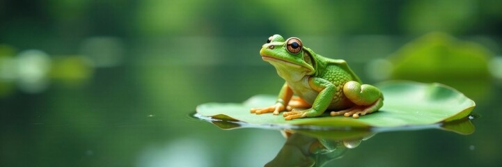 Fototapeta premium Frog perched on white lily pad floating on a serene lake , peaceful, lake, lily pad