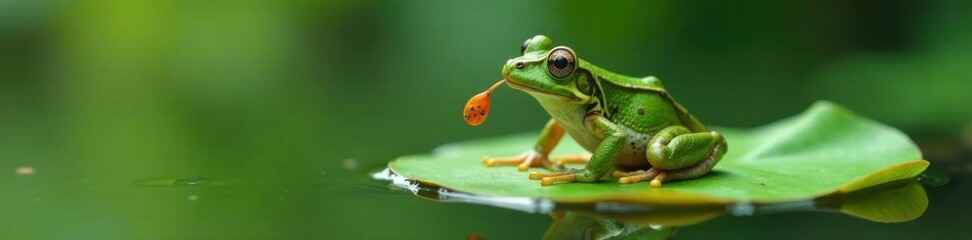 Obraz premium Frog playing with a leaf on a lily pad, water, green, fun
