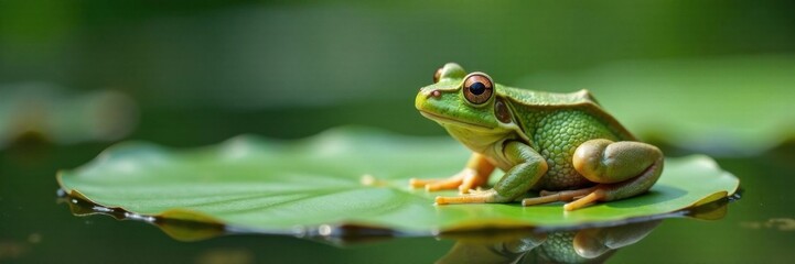 Fototapeta premium Frog resting on a white lily pad, pond, water, flowers
