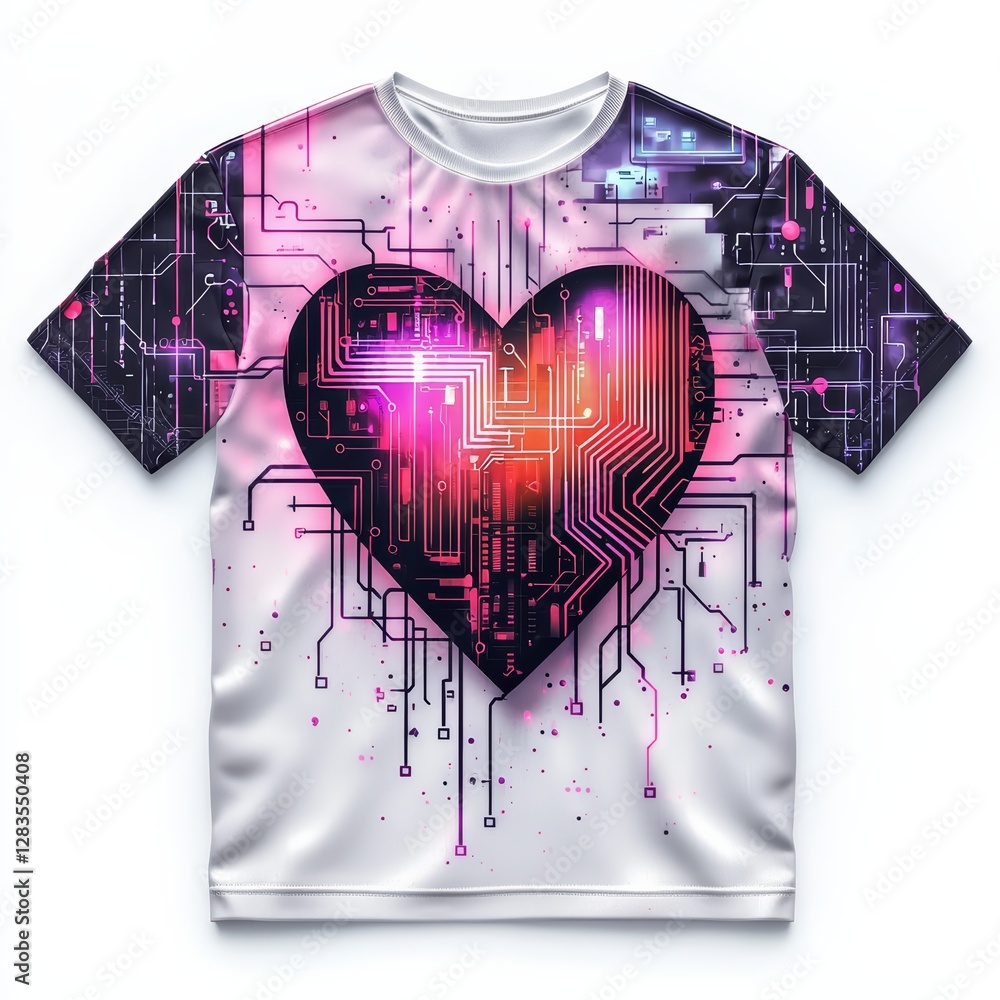 Poster tech heart tee: a captivating design, blending technology and affection with a heart-shaped circuit 