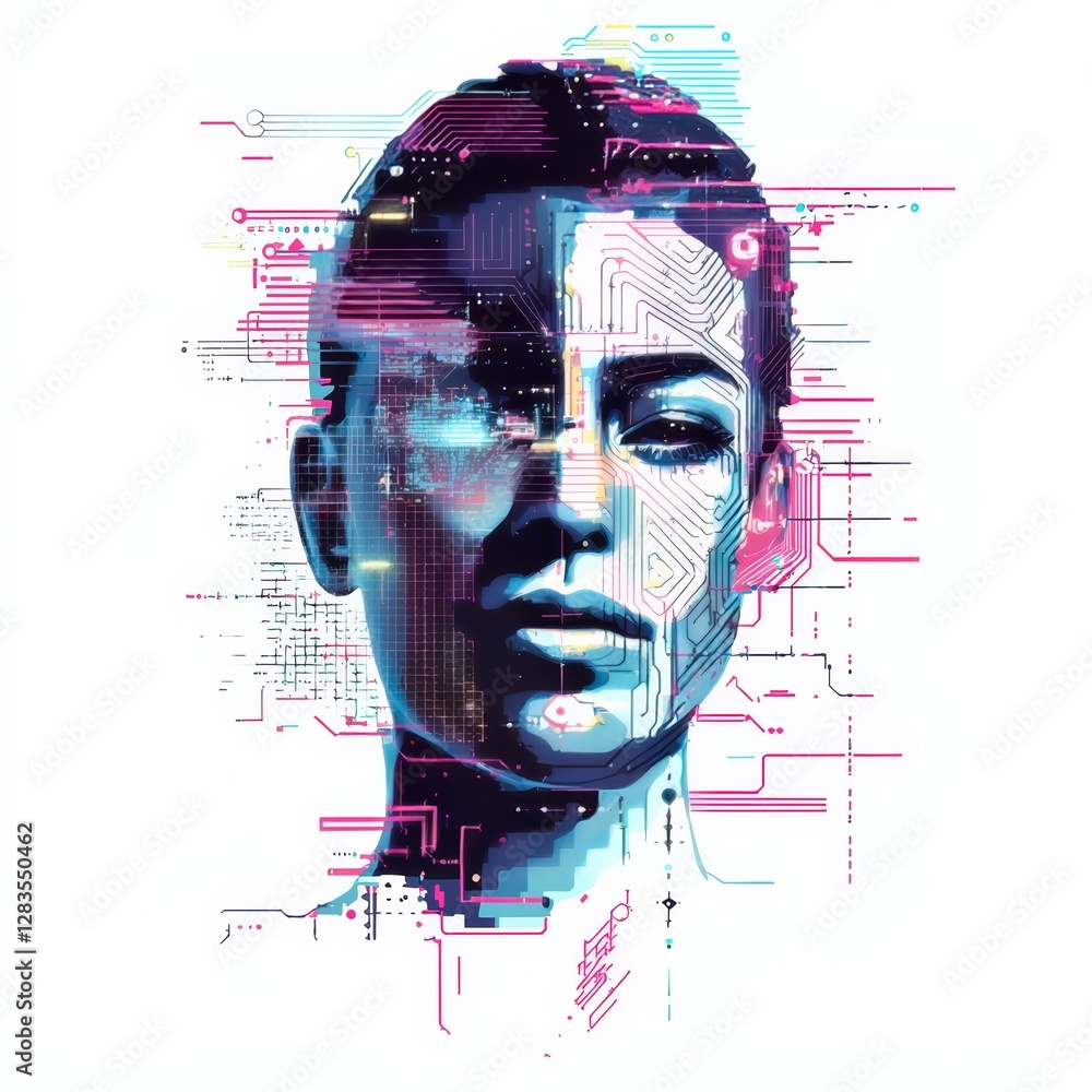 Poster digital mind: a conceptual image of a woman's face split into two distinct halves, one representing 