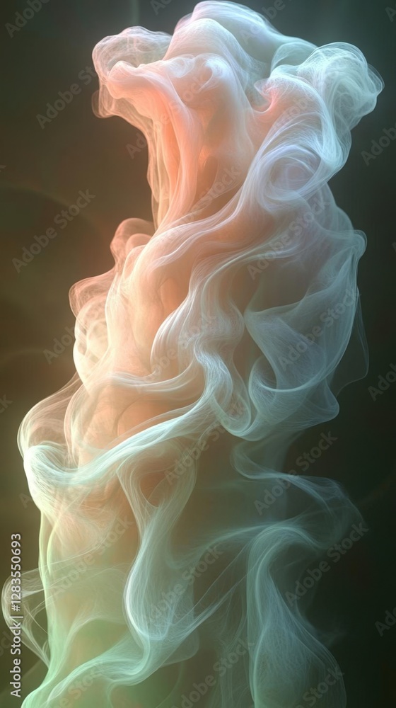 Poster ethereal flowing smoke texture in pastel colors with gentle gradient on dark backdrop for creative g