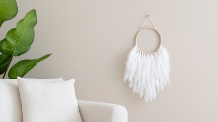 White feather wall hanging in minimalist living room