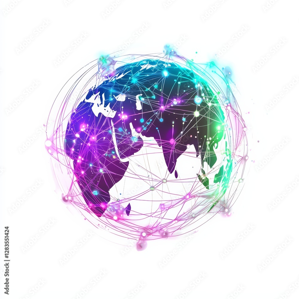 Poster global connectivity: an artistic rendition of earth, encircled by a network of interconnected lines 