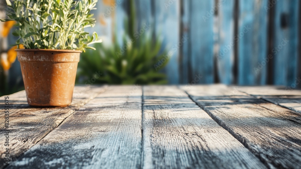 Poster Sunlight illuminates a rustic wooden table with a potted plant in a serene outdoor setting during the afternoon. Generative AI