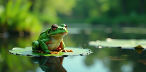 Frog sitting on a lily pad in the middle of a serene lake, fresh water, nature, nature scenery