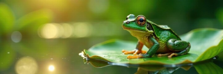 Naklejka premium Frog sitting on a lily pad in the morning dew, lily pad, peaceful, morning