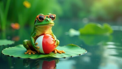 Frog sitting on a lily pad in the water with sunglasses and a beach ball, water, outdoor relaxation, frog relaxation