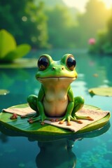 Frog sitting on a lily pad in the water with sunglasses and a beach towel , summer, lily pad, vacances