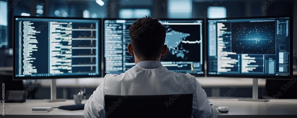 Poster professional analyzing data on multiple screens in a modern office.