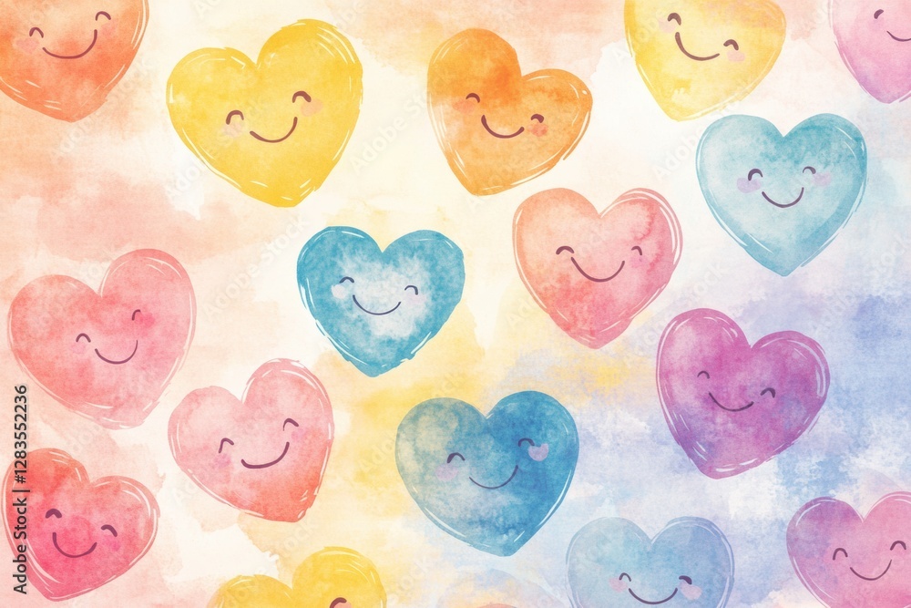 Aufkleber colorful watercolor hearts with smiling faces create a cheerful and vibrant pattern suitable for dec