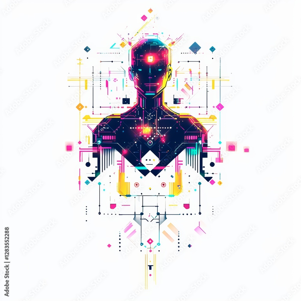 Poster digital human: a futuristic representation of a human form, constructed from intricate digital circu