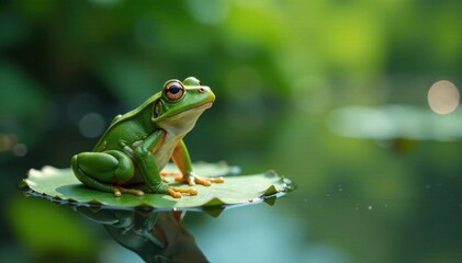 Naklejka premium Frog sitting on a lily pad, serenity, pond, greenery