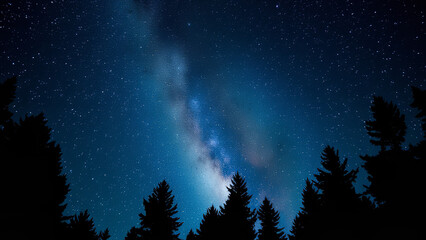 Naklejka premium Celestial Canopy: A Breathtaking Starscape Blanketing a Serene Woodland