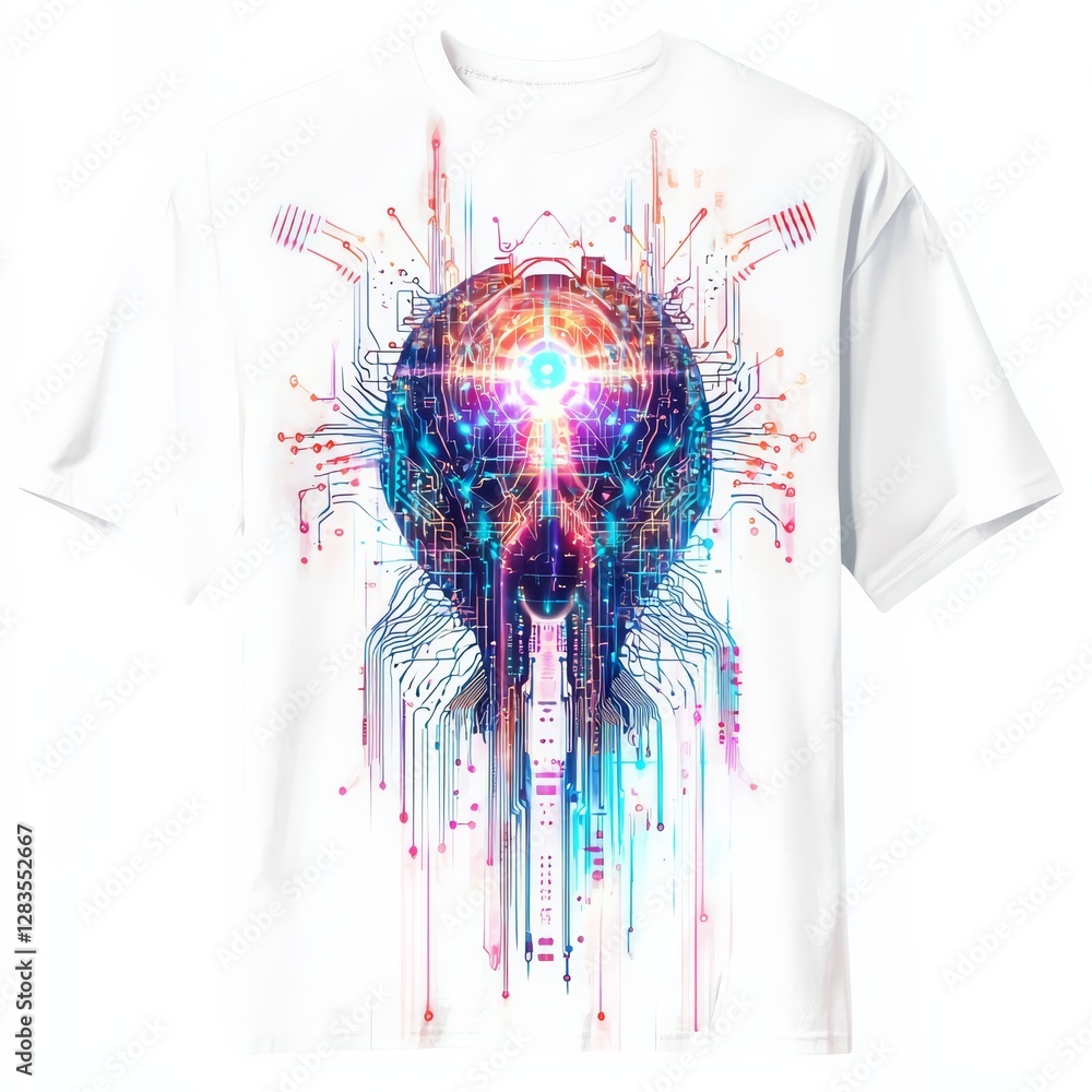 Poster digital mind: a t-shirt design featuring a futuristic and colorful depiction of a human brain interc