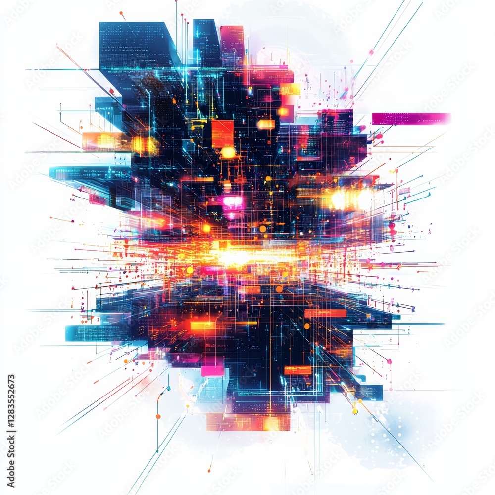 Poster technological galaxy: an intricate digital galaxy bursts with dynamic energy, showcasing interconnec