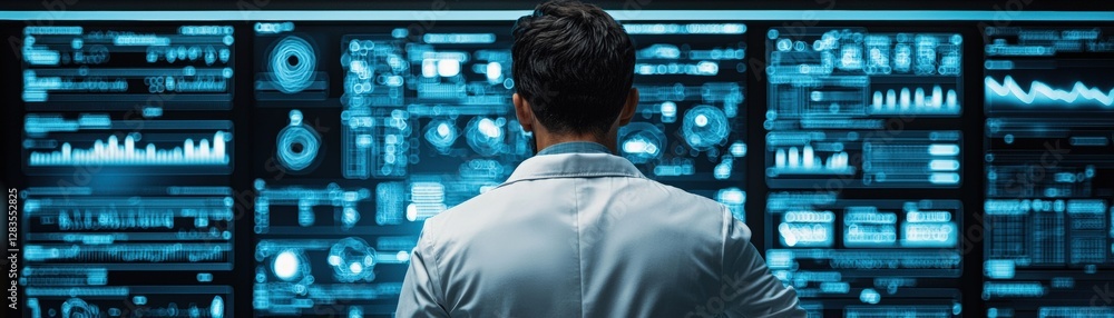 Poster scientist analyzing data on futuristic screens.