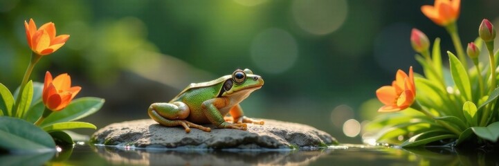 Fototapeta premium frog sitting on a rock with flowers, nature, cartoon, peaceful