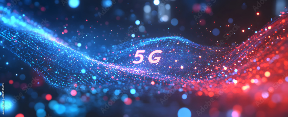 Poster abstract 5g network visualization. blue and red particles flow, creating a dynamic, modern feel.