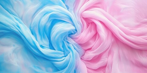 Obraz premium Beautiful pastel blue and pink colored fabric background with swirling sheer cloth in soft colors