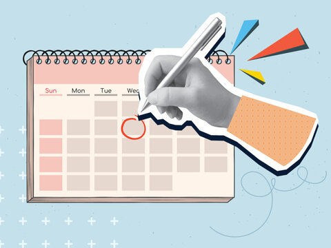 A black and white hand puts a mark in a calendar. Modern photo collage style. Vector illustration