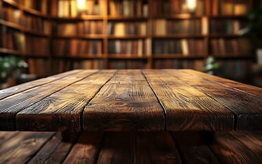 Rustic Wooden Table in Cozy Library with Soft Bokeh  
