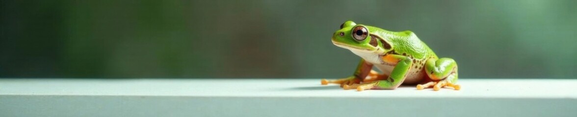 Obraz premium Frog sitting on a white panel, looking at its reflection , frog, reflection, water