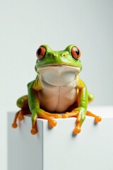 Obraz premium Frog sitting on a white panel with eyes closed, nose twitching , green, water, frogs